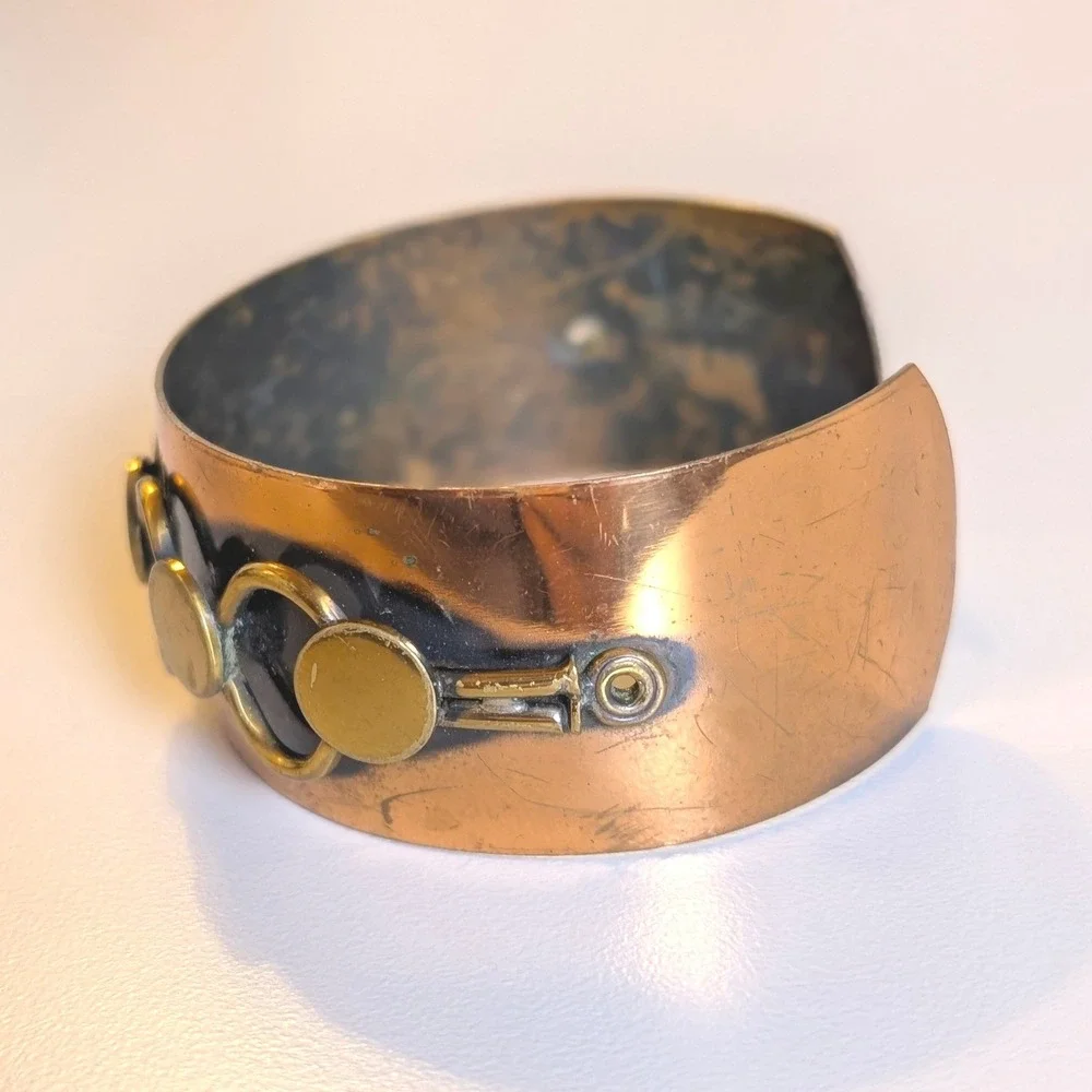 Vintage Genuine Copper Cuff Bracelet Brass Geometric Mixed Metal Wide Chunky